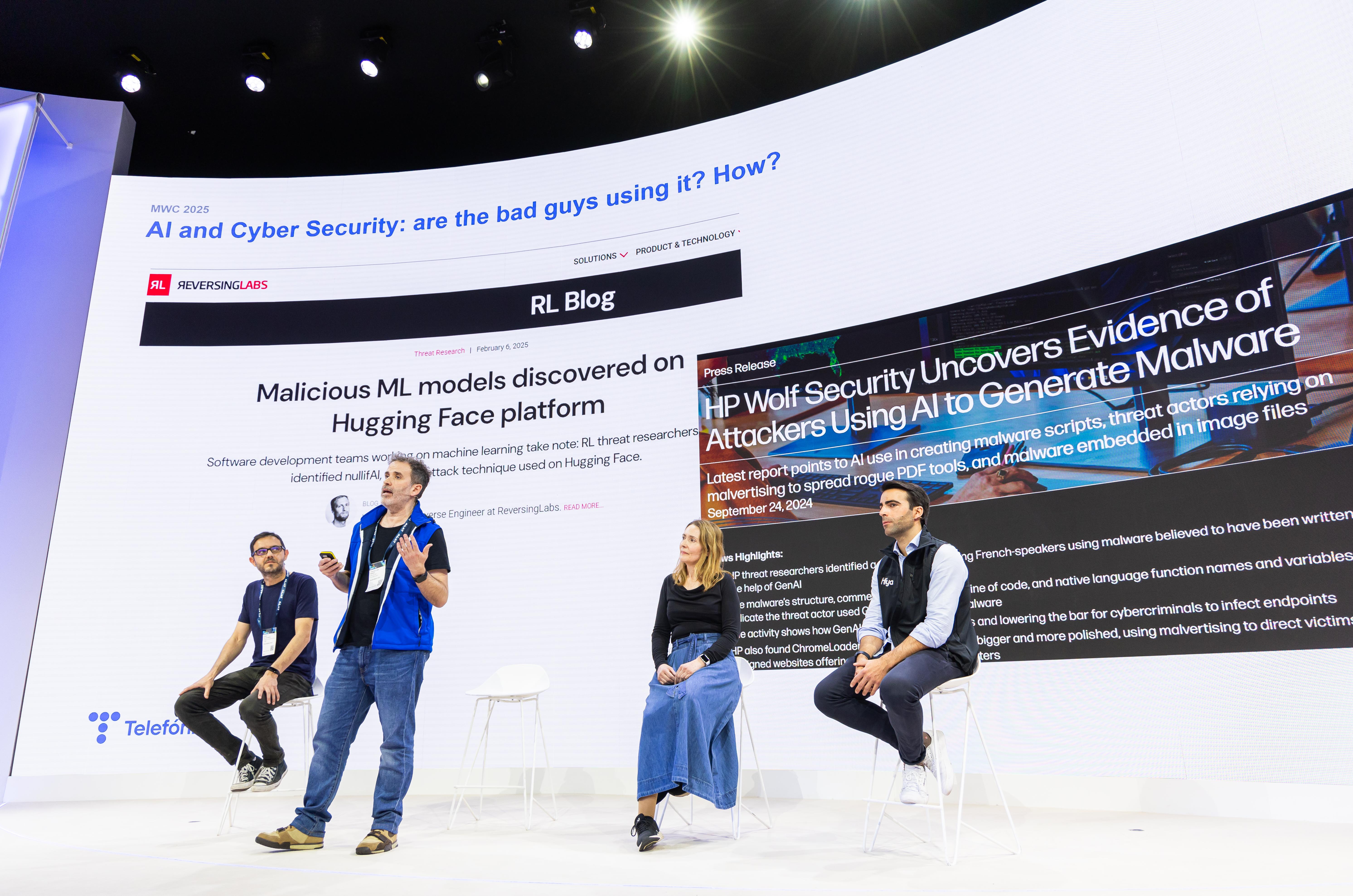 From left to right: Sergio de los Santos, head of Innovation & Labs at Telefónica Tech; Francisco Ramírez, Cybersecurity and AI Researcher, Telefónica Innovación Digital; Susana Jurado, head of Venture Building, Telefónica Innovación Digital; and Mariano González-Cayuela, director Business Development, Iberia and LatAm, Hiya Inc, during the session ‘Security in the age of AI’.