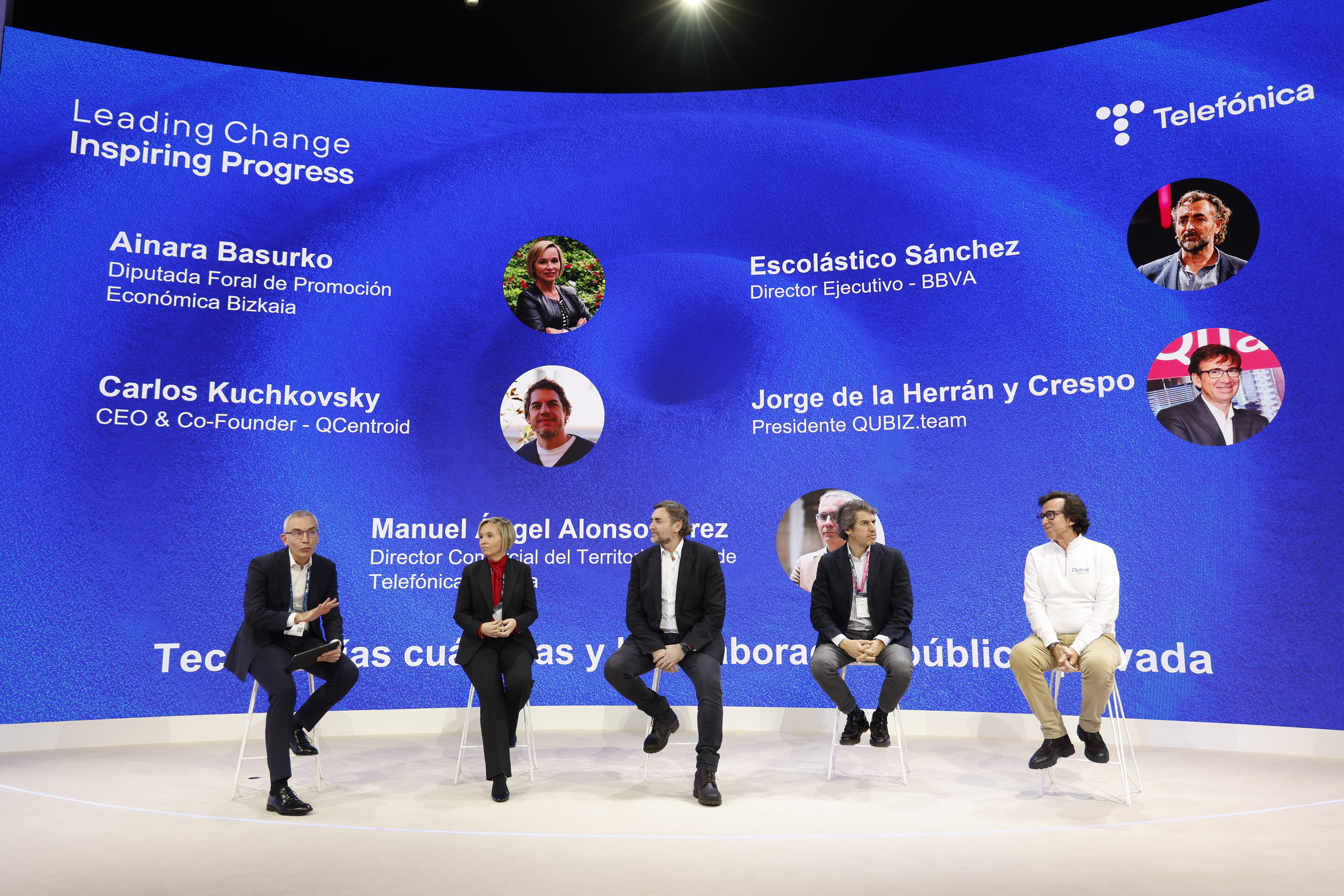 From left to right, during the session ‘Quantum technologies and public-private collaboration’, held in the Agora of the Telefónica stand at MWC 2025, Manuel Ángel Alonso, Commercial Director North Spain, Telefónica Spain; Ainara Basurko, Regional Deputy for Economic Promotion Bizkaia; Escolástico Sánchez, Executive Director BBVA; Carlos Kuchkovsky - CEO and founder Qcentroid; and Jorge de la Herran y Crespo - Founder QUBIZ.team.