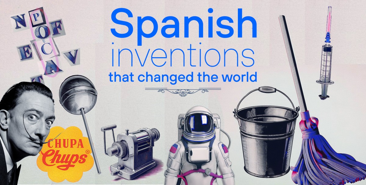 Images of Spanish inventions, such as the lollipop (and its logo and Salvador Dalí), a word search, an office pencil sharpener, an astronaut suit, a mop and bucket, and a disposable syringe.