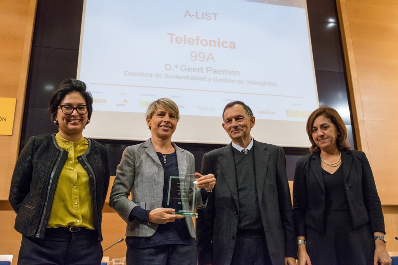 Geert Paemen, directora de Sostenibilidad y Gestión de Intangibles de Telefónica, recogiendo la distinción por estar en la “Lista A”, junto a Diana Guzmán, directora para Europa del sur de CDP; Víctor Viñuales, director ejecutivo de ECODES y Mariluz Castilla, socio responsable de Sostenibilidad y Cambio Climático en PwC.