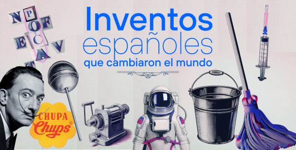 Imágenes de inventos españoles, como el chupachups (y su logotipo y Salvador Dalí), una sopa de letras, un sacapuntas de oficina, un traje de astronauta, una fregona y un cubo y una jeringuilla desechable.